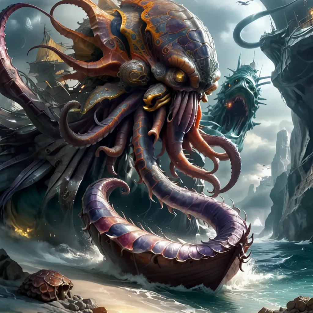 Realistic. Highest quality. a terrifying render of the Great Cthulhu, dark and angry, gigantic, eyes glowing. Walking.  Background: ethereal mists, black holes. Foreground: beach with black rocks.