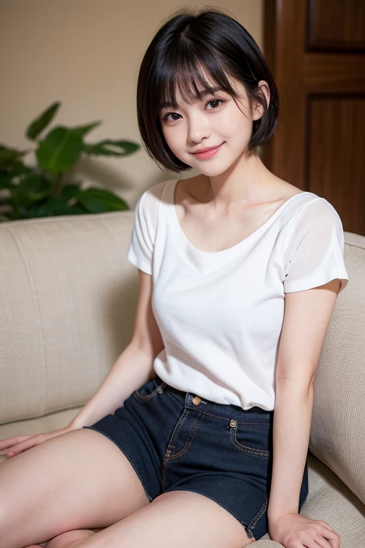 One girl,summer,Inside the room,sofa,Sit down,Black Hair,Fluffy short hair,Navy Blue,Tank top,skirt,Chest line,Small swelling in the chest,A big smile,6th grade elementary school,Innocent beautiful girl,front,Look here,transparent, Soft Light,(masterpiece, Highest quality), Structure of the film, Like a movie