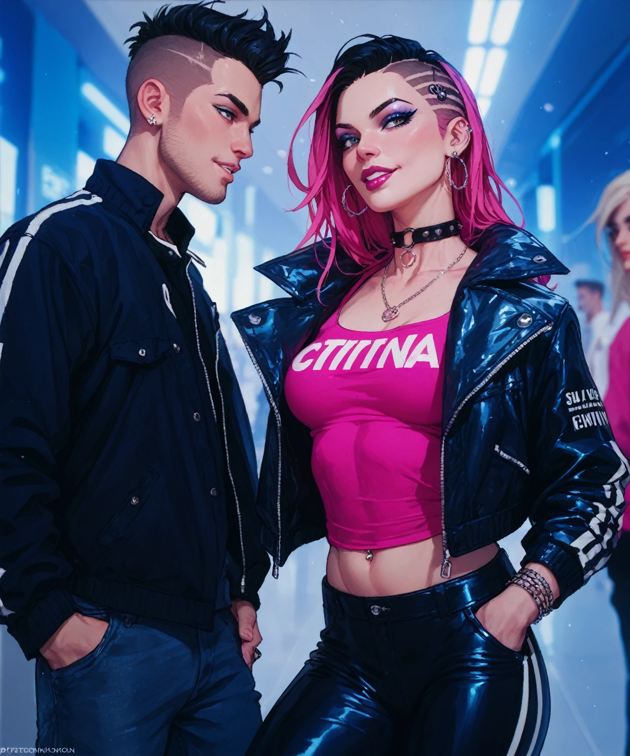 ((Simon Bisley)), Beautiful full-bodied woman, 18 years old, muscular and perfect body, ((Best quality)), ((masterpiece)), ((realistic)), ((beautiful female model)), girl rave,(((1girl))),((girl with extremely cute and beautiful pink hair)),((asian features)),

(large breasts:1.4),saggy breasts,(((neon pink hair:1.35,wild hair,long hair:1.4,colored inner hair,ear breathing))),(((neon_green_eyes:1.3))),intricate eyes,beautiful detailed eyes,symmetrical eyes,slanted eyes:15,((fat)),((((lustrous skin:1.5,bright skin: 1.5,shiny skin,very shiny skin,shiny body,plastic glitter skin,exaggerated shiny skin,illuminated skin, wet legs))),(spider lower abdomen,narrow waist,wide hip,athletic body,inflated legs,detailed body,(detailed face)),

cute,slutty,seductive,erotic,(((nsfw))),, Thick body,((Sexual suggestiveness))，Seductive smile，high-heels, (naughty smile:1.1), wide hips, thin waist, , sex slave, imge comics, comic book cover, (Balck shirt:1.1), (female:1.1), (very short hair:1.1)