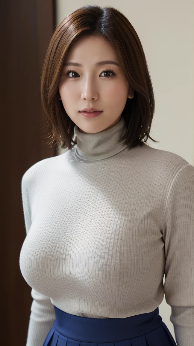 (highest quality,8k,masterpiece),Mature Japanese Woman,sexy,30 years old,ash brown short hair,((Big Breasts))turtleneck