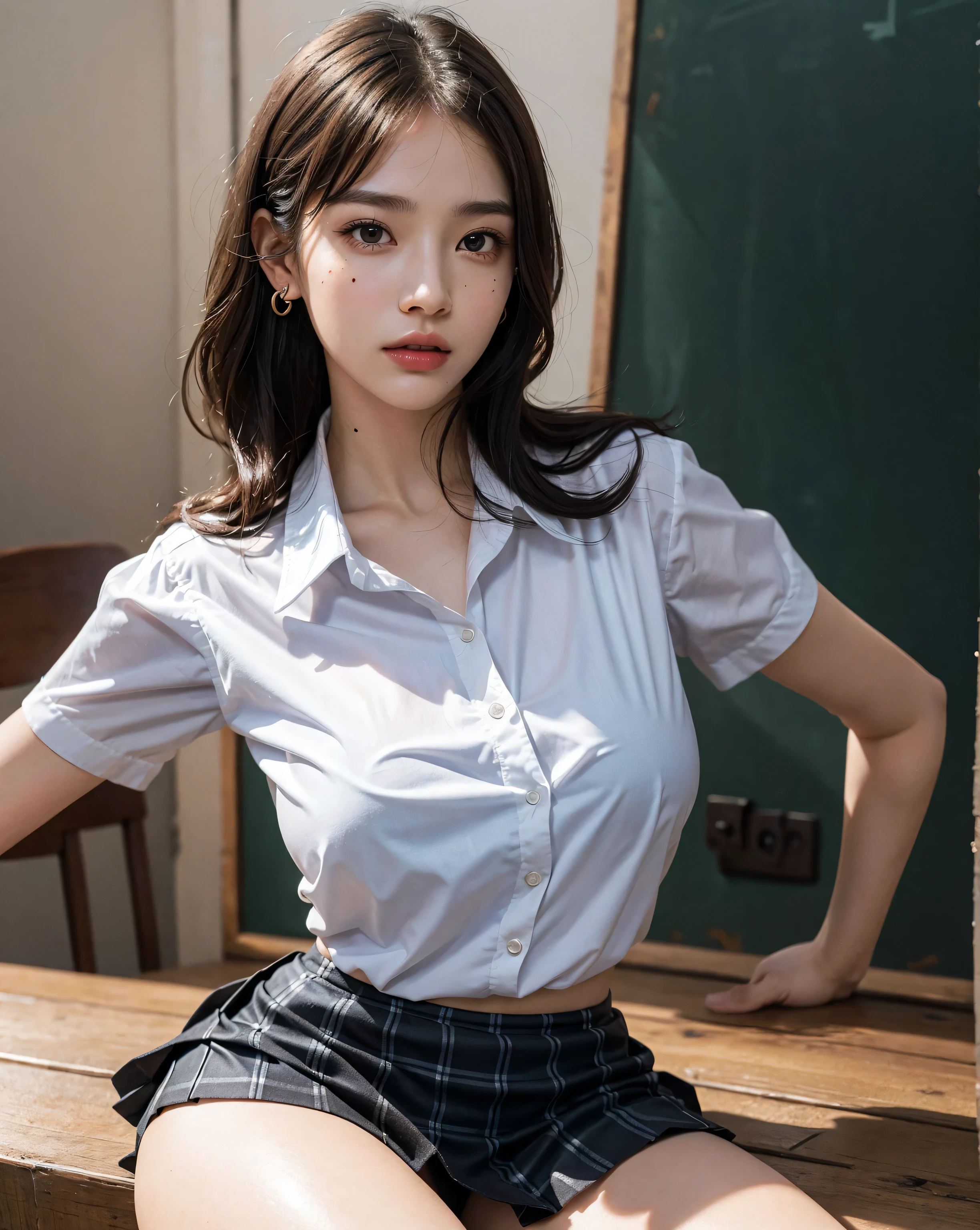 (Highly detailed CG Unity 8k wallpaper)、(masterpiece)、(Highest quality)、(Super detailed)、(Best illustrations)、(Best Shadow)、Ultra-high resolution、(Real、Photorealistic:1.2)、(student teacher:1.4)、messy short hair、(Large Breasts:1.4)、(A neat shirt and a tight skirt:1.4)、((Stand in front of the blackboard:1.4))、(School classroom:1.4)、(Cute Necklace:1.2)、Puffy eyes、Close-up、Cloudy soft light、(Upper Body:1.4)
