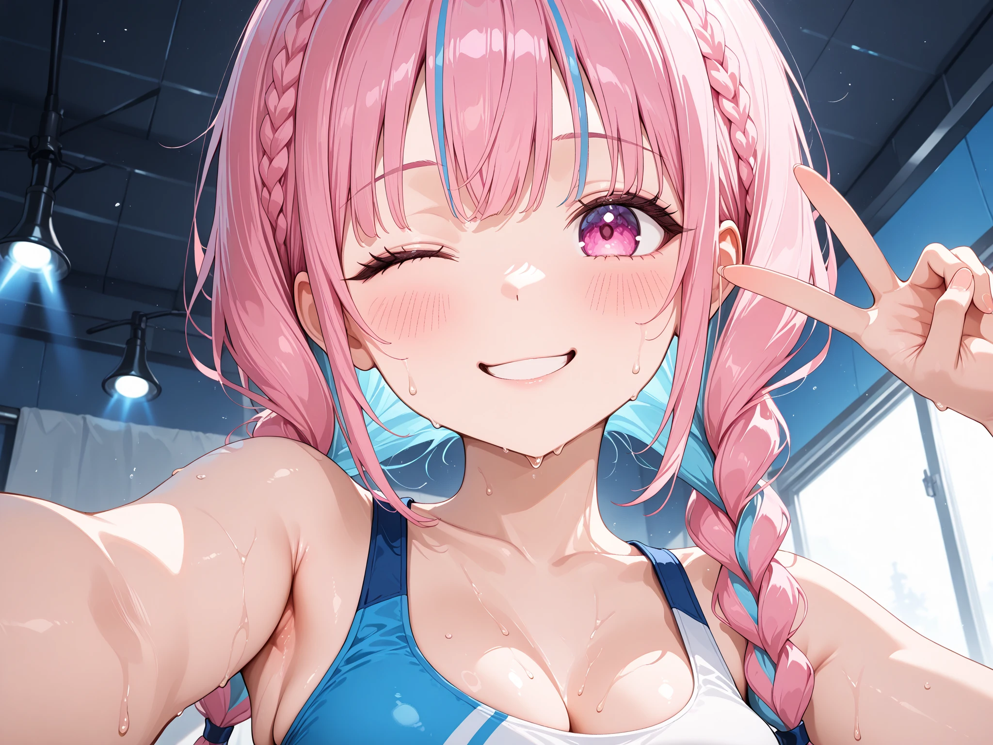 (Best quality, 8k, 32k, Masterpiece, UHD,:1.2),RAW, 1girl,ultra cute , natural lighting,transparent shining eyes, 20yo ,fair complexion ,flushed face,dynamic Lighting, ((school swimsuit)), large breast, wet, shiny, ((1boy)), (penis), vaginal, (((sex))), nsfw, From above