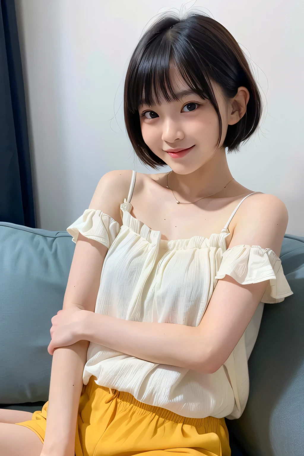a beauty girl、２０generation、Slender eyes、dual、Tear bag、Brown hair、short-hair、Excellent style、Blouse、long  skirt、long  skirt、full body Esbian、a baby face、beauty legs