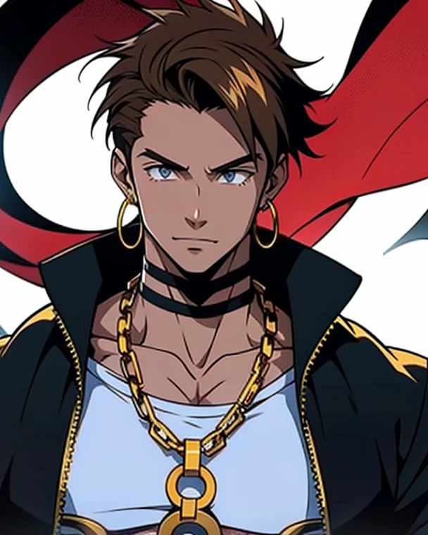 A fierce young man stands confidently, his intense gaze piercing through the viewer. He sports a stylish punk look, complete with a spiked leather jacket, layered necklaces, and a cross earring. His muscular physique is highlighted by a cropped tank top, revealing his chiseled abs. The background is a vibrant explosion of colors, adding to the dynamic and rebellious vibe of the scene.