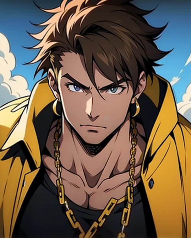 A fierce young man stands confidently, his intense gaze piercing through the viewer. He sports a stylish punk look, complete with a spiked leather jacket, layered necklaces, and a cross earring. His muscular physique is highlighted by a cropped tank top, revealing his chiseled abs. The background is a vibrant explosion of colors, adding to the dynamic and rebellious vibe of the scene.