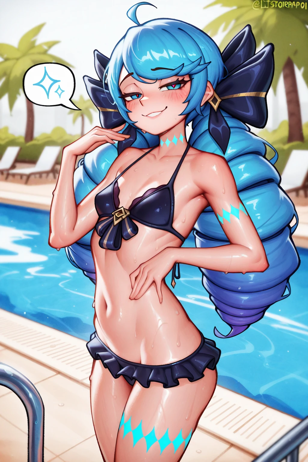 1 girl, Blue eyes, blue hair, Drill hair, gwen \(League of Legends\), in a closed swimsuit, sitting on the floor, legs apart, hair ornament, a high resolution, League of Legends, long hair, parted lips, pink pupils, smile, X, X hair ornament,