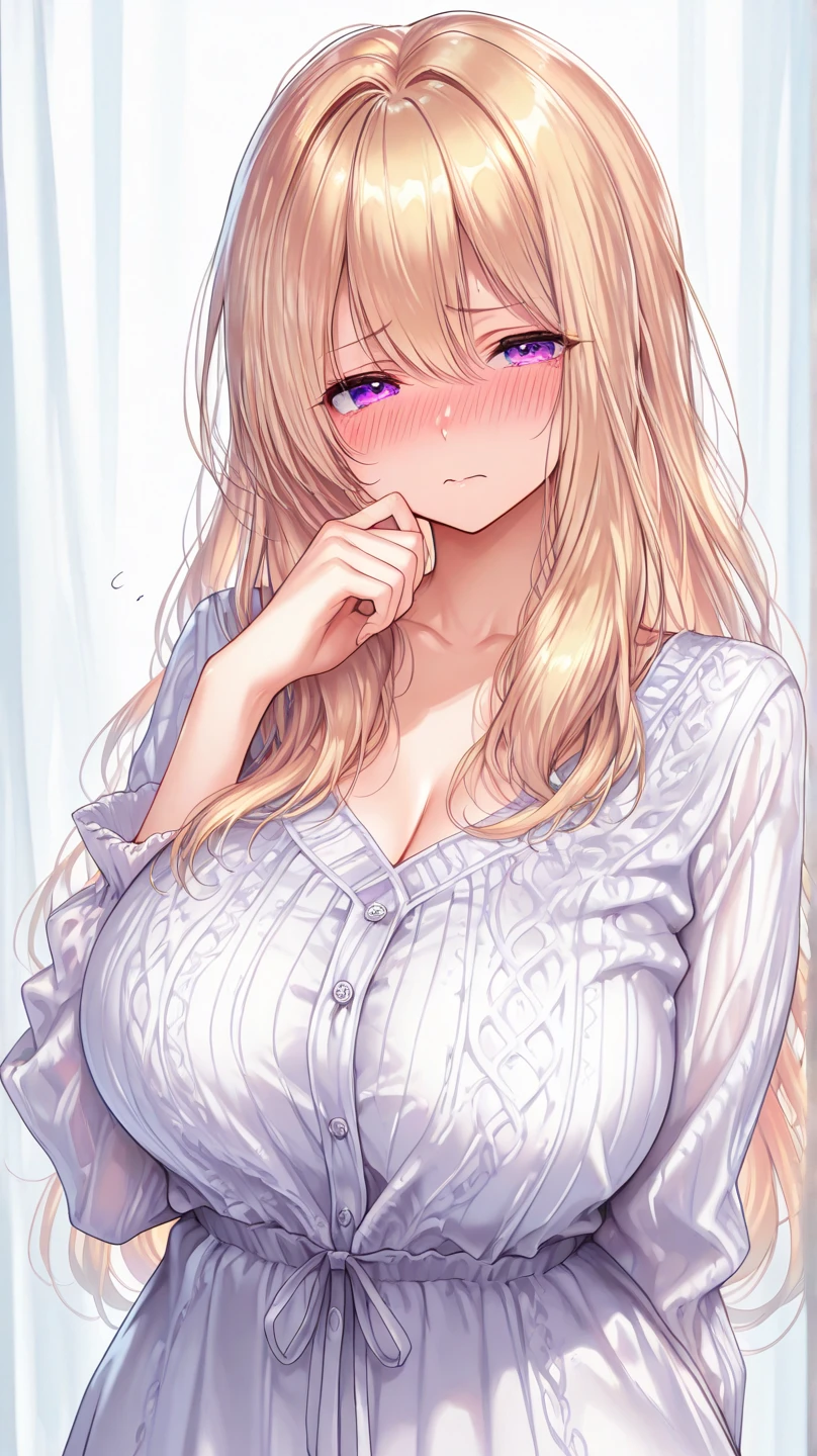 <lora:Erina:0.7> (masterpiece, ultra detailed, sharp focus), 1girl,solo,blonde long hair,breasts,looking at viewer,blush,bangs,large breasts,shirt,long sleeves,ribbon,cleavage,hair between eyes,medium breasts,closed mouth,purple eyes,collarbone,upper body,indoors,frown,blue shirt,pajamas <lora:Anime_Enhancer_XL:1>