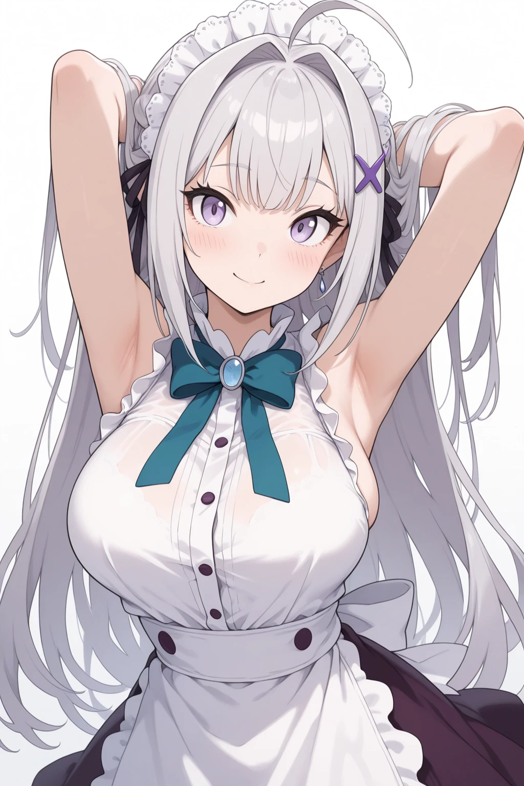 Emilia re:zero, purple eyes, Emilia, crown braid, x hair ornament, flower hair ornament, white hair, long hair, medium breasts, anime girl with long hair and blue dress pointing at something, seductive anime girl, azur lane style, blonde anime girl with long hair, from the azur lane videogame, anime waifu, anime goddess, cute anime waifu in a nice dress, marisa kirisame, (anime girl), attractive anime girl, pixiv 3dcg, characters from azur lane