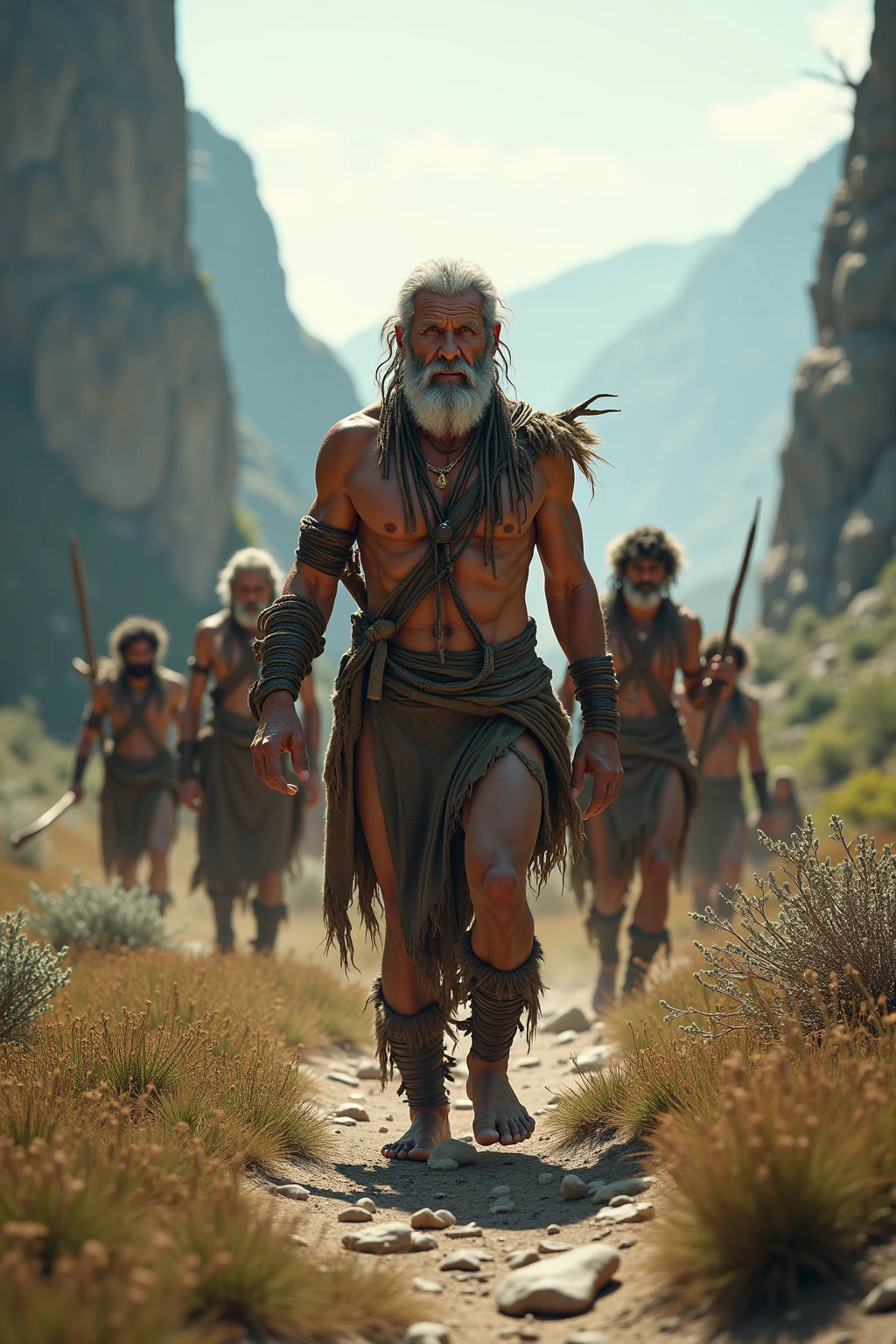 A certain island led by a mature and muscular man with a cane in his hand and around him 10 handsome men and 5 young men with different skin tones with perfect bodies and loincloths