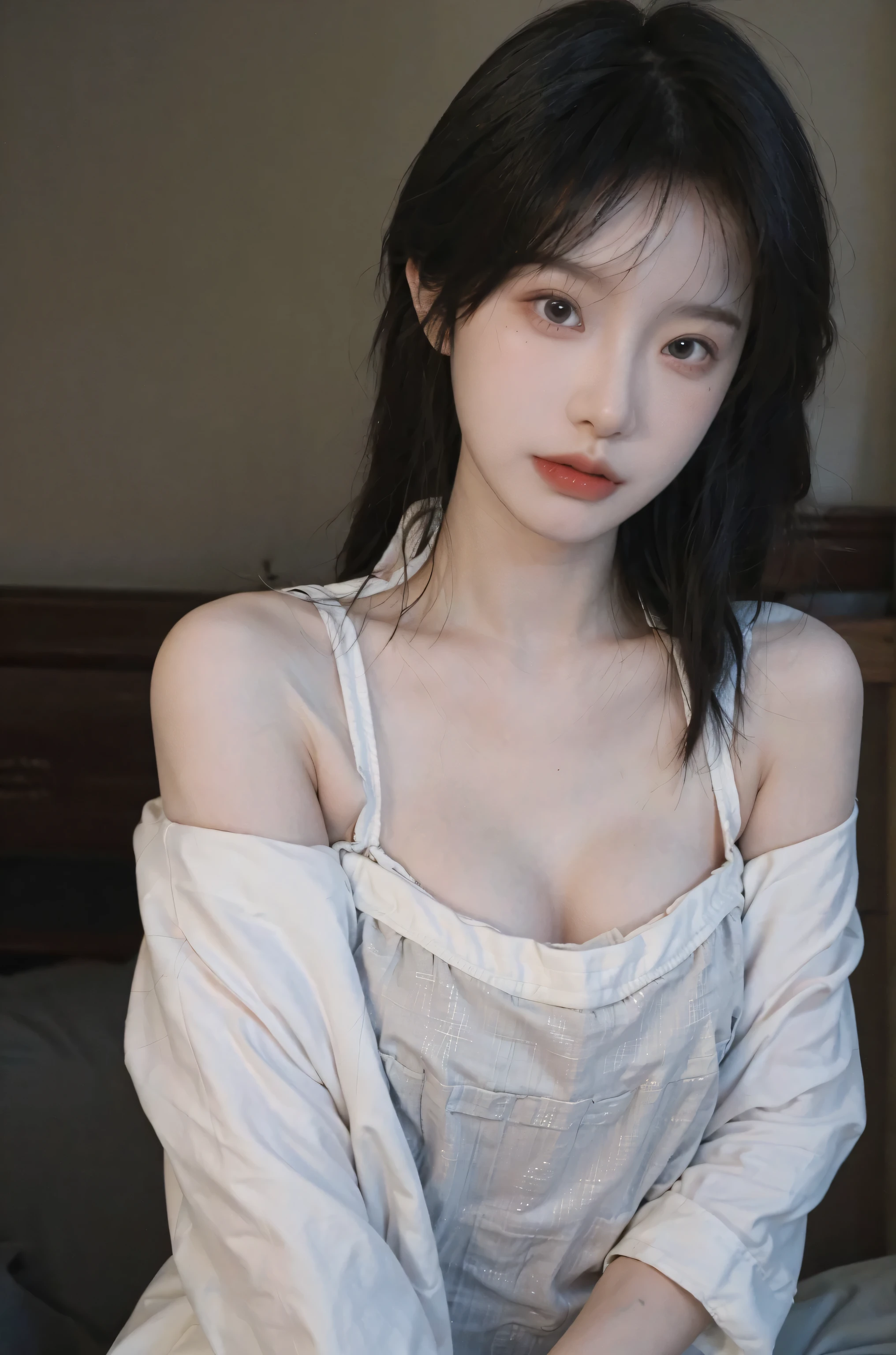 best qualtiy， Ultra-high resolution， （realisticlying：1.4）， one-girl， A pair of clear and moving peach blossom eyes,Royal sister，Off-shoulder white shirt， Black tight skirt，  （Faded gray-gray hair：1）， （big cleavage breasts：1.2）， looking at viewert， closeup cleavage ，