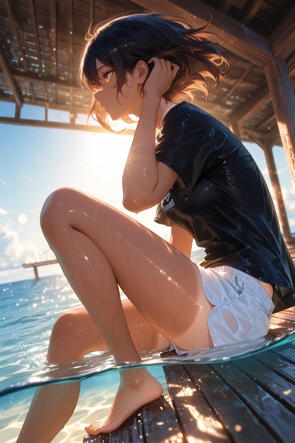 anime, best quality, high quality, highres, beautiful women, tanned gyaru, blonde hair, high detail, good lighting, lewd, hentai, (((wet bike shorts))), ((wet clothes)), ((soaking wet)), ((wetlook)), bare thighs, nice legs, (((wetting herself))), (((peeing herself))), (((peeing self))), pee streaming down legs, peeing stain, (puddle), (thick thighs), nice long legs, lipstick, detailed face, pretty face, seductive face, aroused, sexually excited, ((in the ocean at public beach))