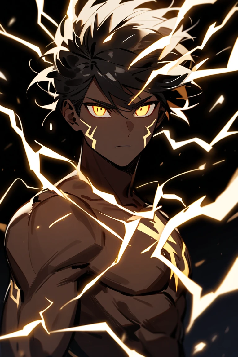 (Boy),(teenager 16 years old),(young),(light brown skin color),(bright brown eyes),(average physical height of a teenager),(short black curly hair Brazilian Afro style),(Transforming into a super Saiyan level 1)