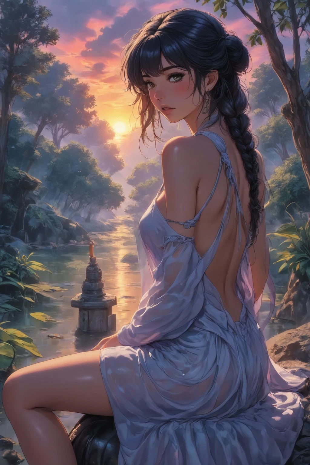 ((holding a knife in open hand:1)), (open both hands down)、 ((He has one small sword in each hand.......:1.5)), ((Under the moonlight、Soak up to your knees in a lake with a waterfall:1.5)), A picturesque waterfall flowing behind her、((fullnude:1.5)), ((Beautiful woman holding a machete in her hand:1.5))), ((Waterfall in a very dark forest:1)), ((Bathed in moonlight from behind:1)), ((Moonlit Falls))、((fullnude:1)), ((Beautiful naked woman waist-deep in a pool at the base of a Japanese waterfall))),((beautiful woman standing in the middle of the pond:1)),((Beautiful naked woman in a beautiful pool at the foot of a waterfall)), ((Sharp bewitching eyes))、((Obscene atmosphere))、pale skin、(Nipple bumps:1), (((1 girl in:1))), ((pale skin))、Melancholy beautiful face、Beautiful expression、Sexy face、Nipple bumps, (((Lower breast)))、(((Beautiful breasts ))), Beautiful 、Super fine face、Delicat eyes、(Double eyelids)、 (((1 Japan Woman:1)))、 Beautie, 20yr old,