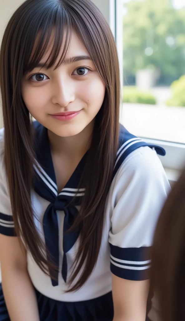 (8k, Photorealistic, RAW Photos, Best image quality: 1.4), Japanese schoolgirl、Super detailed face、Eye on the details、double eyelid、Sharp focus:1.2、Beautiful woman:1.4、Light brown hair、Highest quality、masterpiece、Ultra-high resolution、(Photorealistic:1.4)、非常に詳細でプロフェッショナルに照らされたsmile、(Japanese high school uniform:1.5)、blush、amount、Small breasts、Shaggy Hair、From above、High angle、smile、Selfie、freckles、classroom，Sitting at a desk、Knee-high socks、On your knees