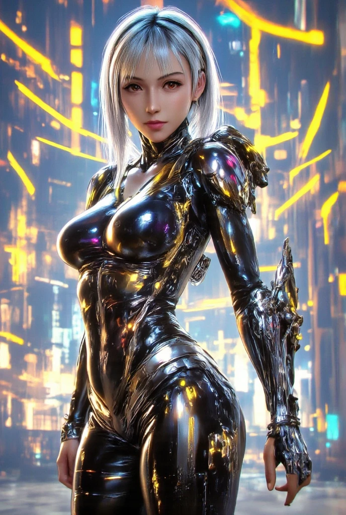 ultra realistic, 8k, masterpiece, ultra detailed background, delicate pattern, intricate detail, smile, standing, formal, looking at viewer, large breasts, PERFECT FACE, SEXY FACE, PERFECT BODY, perfect hands, detailed fingers, beautiful detailed eyes, perfect eyes, seductive eyes, from front, nsfw, exposure, arms behind back, Fu Hua(Knight),1girl,bodysuit,pongtail,