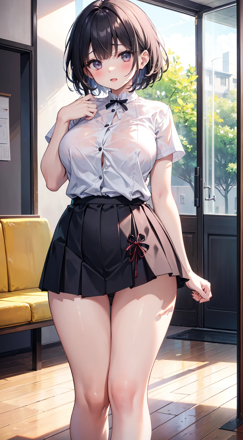 (gleaming skin:1.3), (18yo girl:1.8), blush, laughing, A milf with blonde short hair, tan skin, sky-blue eyes, open mouth, wearing a white bikini, breast,standing, (school building, corridor:1.6). arms behind back. 1girl, extremely detailed CG, super detailed skin, perfect anatomy, dynamic lighting, beautiful detailed eyes, Top quality、Realistic、woman、milf 、Beautiful Eyes、Symmetrical eyes、(evil smile:1.2)、one eye closed, right eye closed, (Big breasts bigger than face、curvy body:1.2)、 (summe school uniform, skirt:1.6), (gleaming skin:1.4)、spread legs、BREAK nsfw, (skirt lift:1.5),