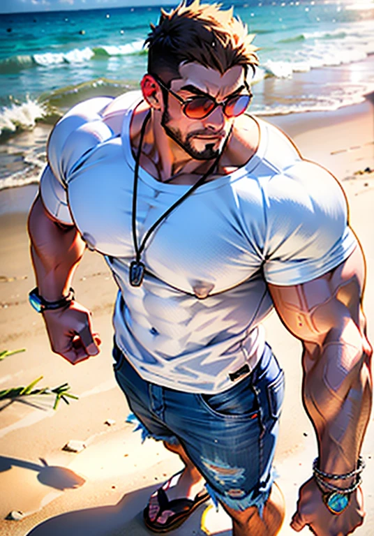 Unbeatable masterpiece,ultra-realistic 8k CG, perfect artwork, highly detailed, award-winning, (((Perfect Male Body)) ,mature male, narrow waist, seductive pose, legs open, sea, underwater, clean, beautiful face, pure face, tanned skin, tanned lines, wearing tight wet t-shirt, clothes lifting, chest tattoo, (muscular chest,), muscular thighs, sagging , gay, bala, ocean, sweat, sacred, sacred, shiny skin, skin indentation, delicate setting, intricate detail, partially submerged, wet, silver bracelet, gemstone necklace, ring,black swimming trunks,blue eyes