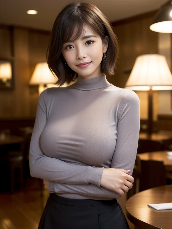 (((Full and soft breasts,)))(((Huge breasts))) (((Cleavage))) (Perfect curvy figure)((masterpiece))、((Top quality))、photo、Reality、High level of image quality、Ultra Detailed、Married woman、40s、（Full body）、Exquisite facial features、short hair、Realistic backgrounds and accessories、Full breasts、Sexy smile、Dining room、（Sexual arousal）、Sitting face to face、Tight turtleneck shirt、Tight mini skirt、((Indirect lighting only))、Deep Shadow、zoom lens、Ishihara Satomi、