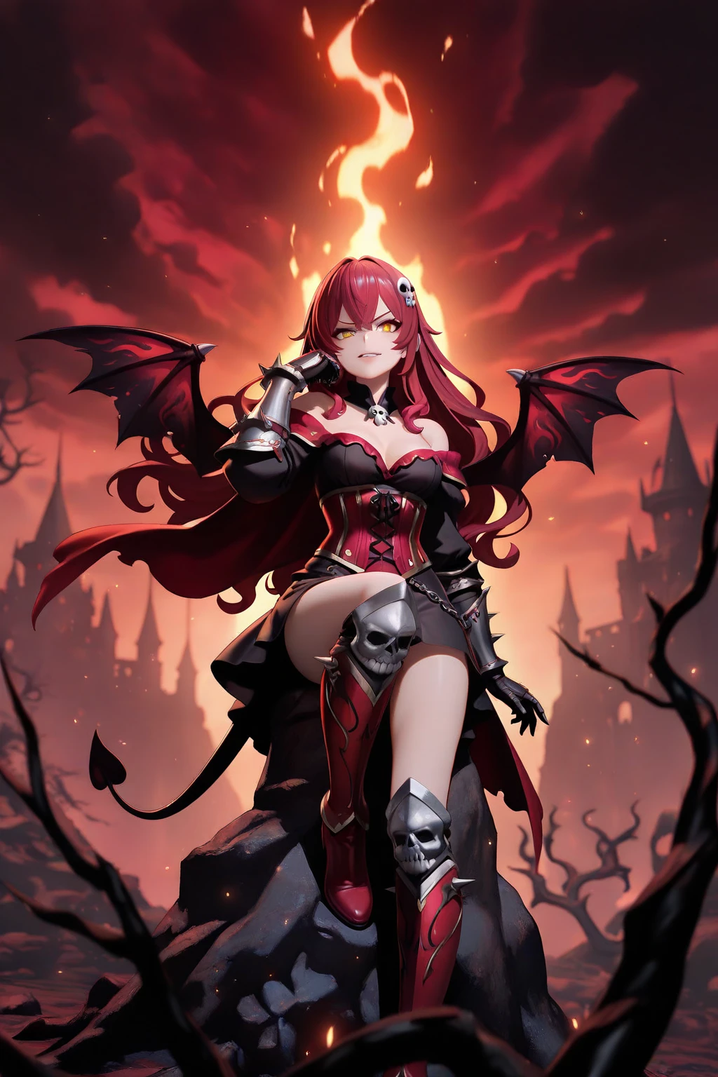 a gothic sexy succubus with long demon horns, has crimson red skin, wearing black leather bdsm gear, in a dark black room, has a feint aura, backlit