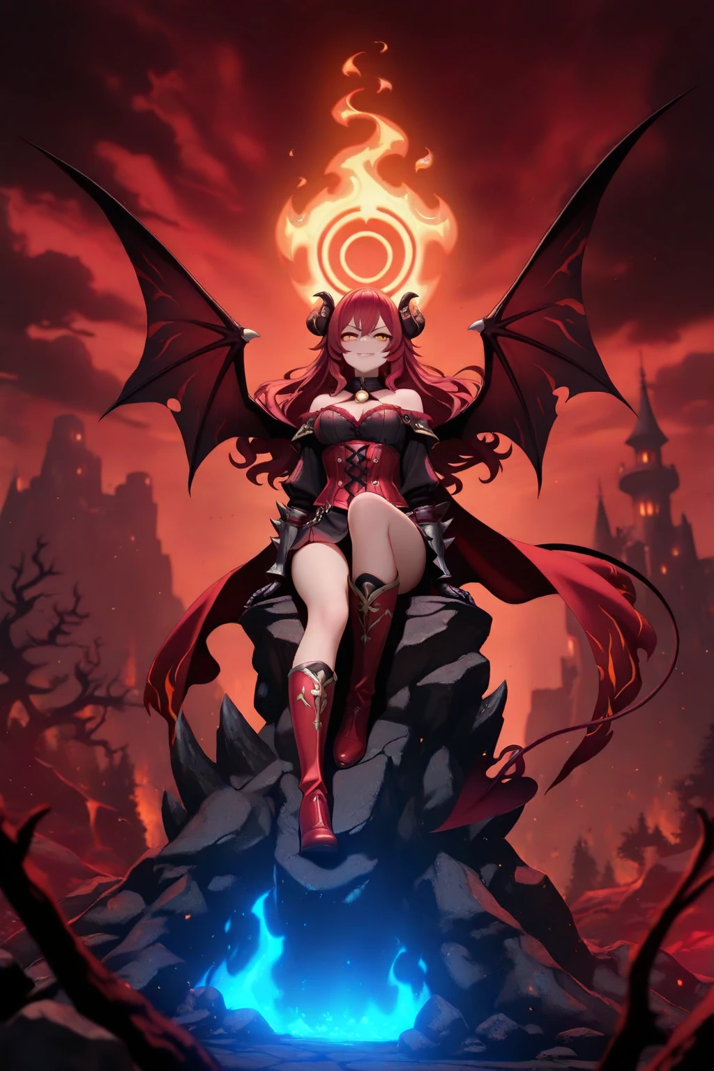 Ella baila encima de un dragon, el escenario esta completamente cubierto de fuego, se logra ver el cielo, tambien hay sangre en el suelo, el dragon es rojo y tiene negro los ojos del dragon son de fuego.