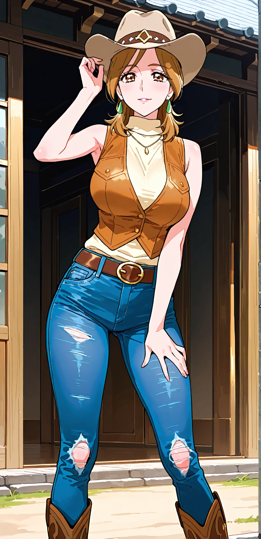 (nsfw:-0.8), ((Masterpiece, highest quality; 1.3)), super quality, beautiful detail, super detailed, extra fine, 16K, exquisite, absurd, high resolution, beautiful background, detailed background, Kaori naked and wearing blue overalls, 1 woman , solo, naked, slender body. covered breasts, red hair, perfect anatomy,