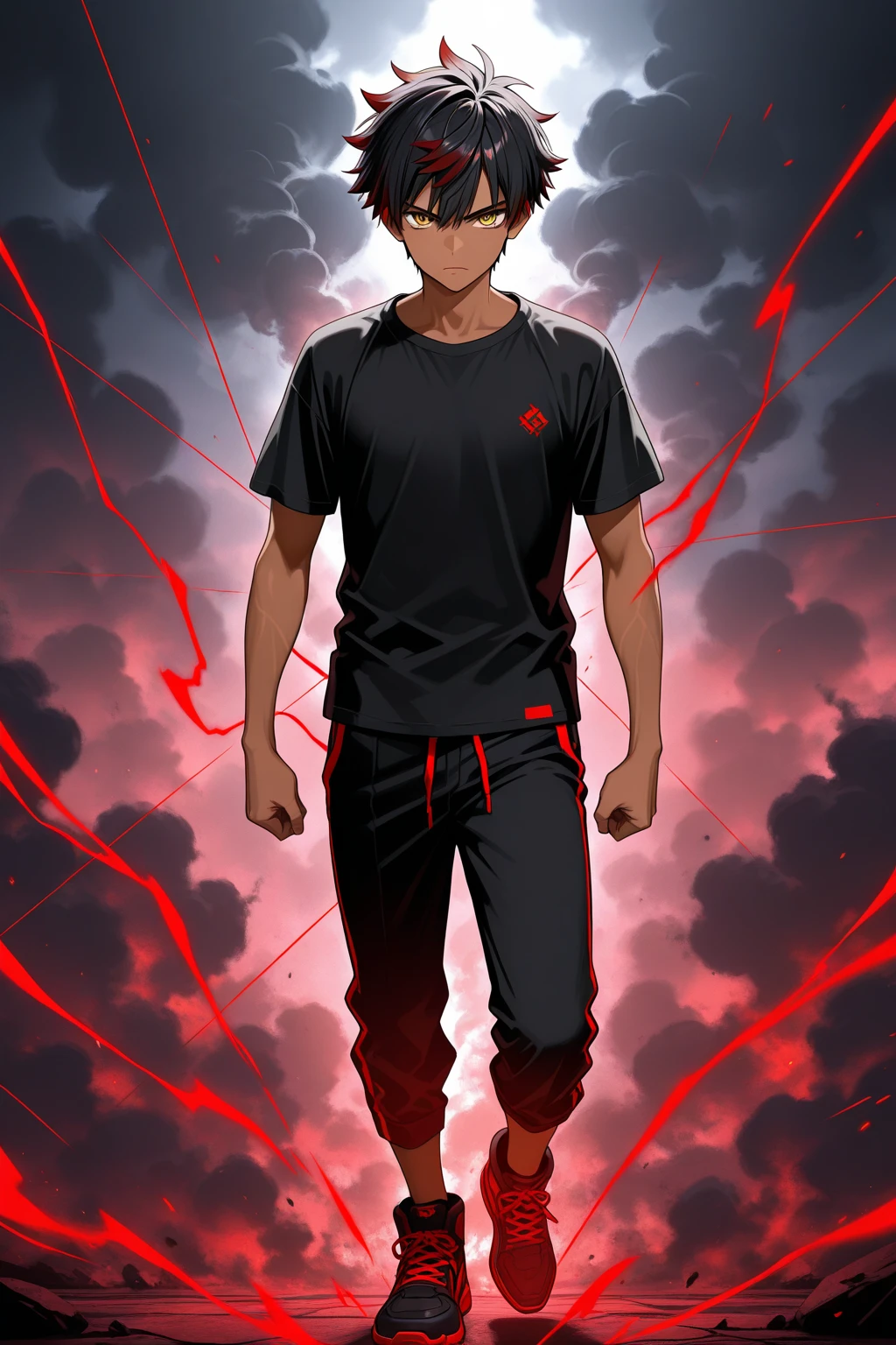 white spikey hair, dark skin, dark-skinned male, open black hooded jacket, red t-shirt, black pants