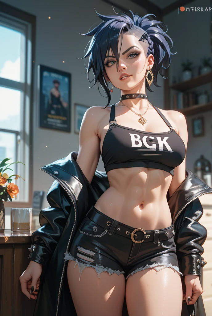 Sexy and hot punk girl with short black hair and nose piercings