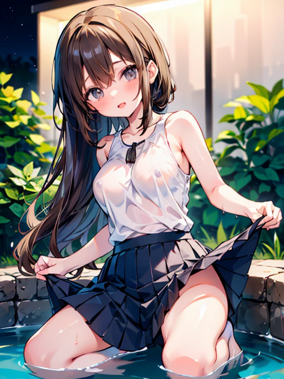 ((masterpiece)), (HQ), (4K), (high detailed), (((best quality))), (detailed face), (beautiful, cute, pretty girl), (18yo teen girl sitting on lap), ((ponytail)), ((small medium breasts)), (((topless))), (blushing:1.5), (bare stomach), (bare shoulders), (bare neck), (bare arms), (bare chest), ((((dark blue pleated skirt)))), (skinny waist), (skinny thighs), (outside court), (brown hair), (view from below), (((legs together))), ((standing))