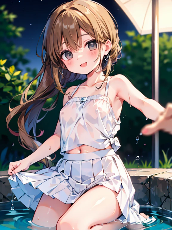 As a matter of fact, 1 woman, 8K resolution, ponytail, brown eyes, glowing eyes, white short skirt, Blush, during the day, sunlight, strapless, Wet from the rain., break through, Sit with your knees raised., Spread your legs, tits, smile, pussy, armpit, yuki mikan,