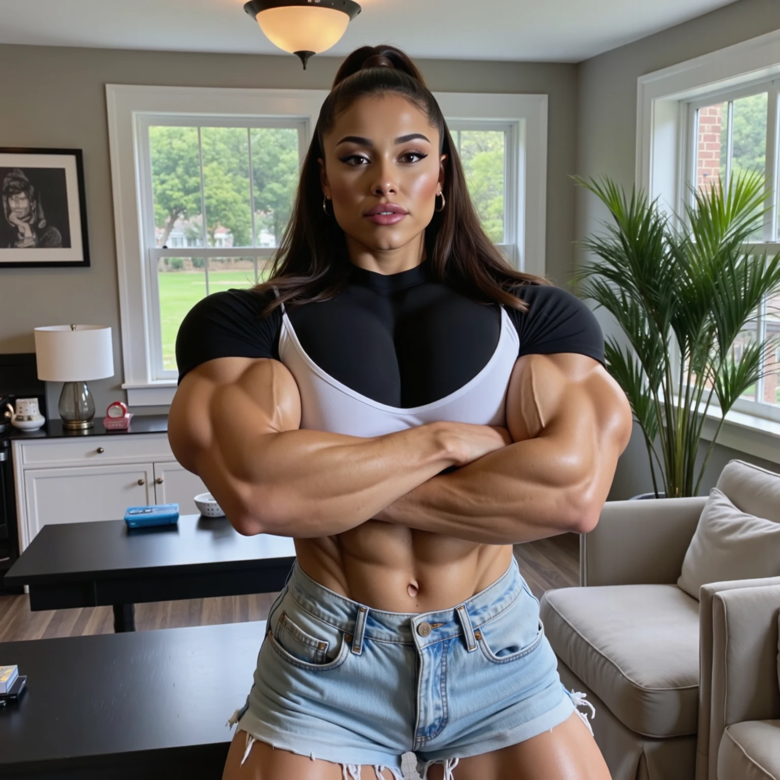 (Muscular:1.7), (large round breasts:1.4), (large muscular chest and shoulders:1.1), (tween girl:2.1), FEMALE, brown hair, long brown hair, (big smile:1.6), (wearing a polo shirt and formal skirt:1.5), looking at viewer, (three quarter view:1.2), upper body view, (front porch:1.6), dark lighting, detailed skin, detailed eyes, (clean skin:1.5), (tiny waist:1.5), exaggerated hourglass physique, (huge body muscles:1.7), (one protagonist:1.5), (flexing pose:1.6),