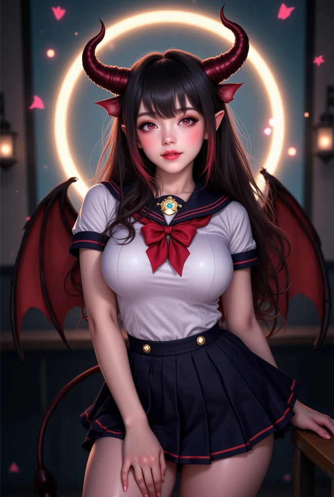 8k, hight_quality, best quality, Emma Watson, succubus_evil, armpits, two_wings, teenager, large_black_tail_hairband_ribbon, 1girl, blue_eyes, (loli_girl), big_legs, large_socks_thighs, school_uniform, big_hips, stand_up, smile_red_lips.