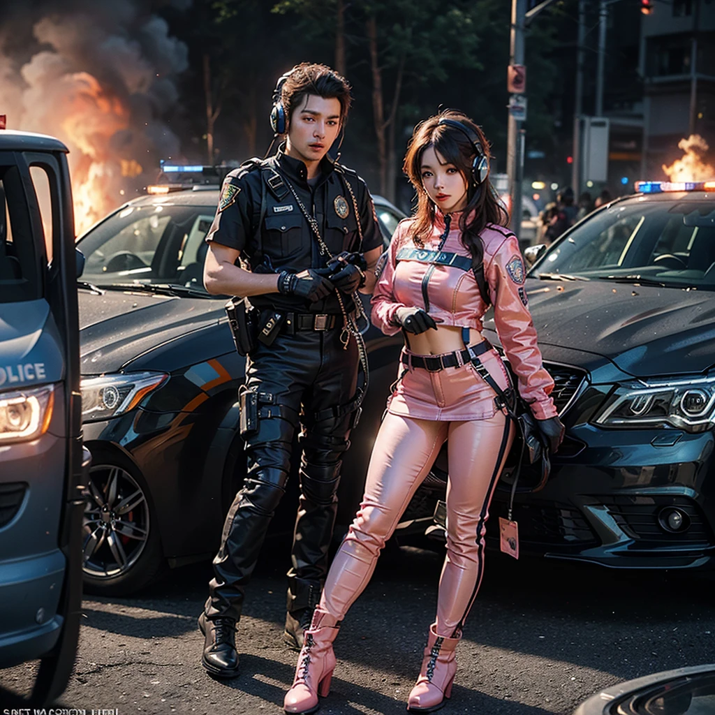 A man and a woman are agents hugging each other, it's raining, they're holding pistols, they're hiding, their clothes are torn, their clothes are wet, they're being chased on a narrow street corner in modern London, the two are physically close together, cyberpunk style, 8K photos, good detail, masterpiece, top quality, high resolution, super detail