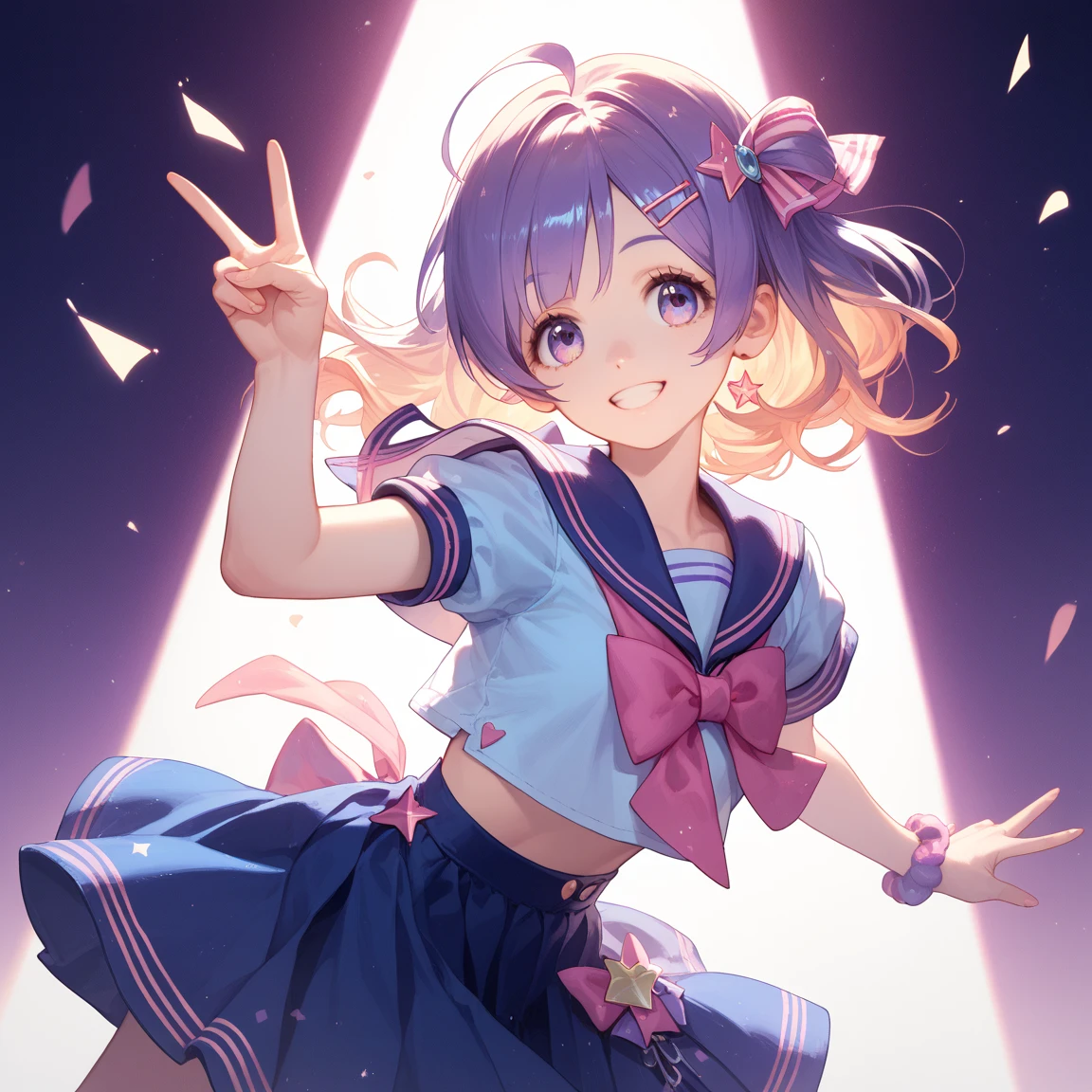 Highest quality、High resolution、Detailed Background、(Beautiful face in every detail:1.4)、Anatomically correct、(Normal number of fingers:1.2)、(Highly detailed face)、Detailed eyes、Teenage beauty、Perfect body line、Brightly colored hair、Braided bob cut、cute hairstyle、well-groomed eyebrows、Gorgeous stage、Cuteness and glamour、Idol-like atmosphere、A big smile、
A cosplay-style sailor uniform in vibrant colors、No sleeve、ribbon、Vibrant、Cute gestures、
(Beautiful idol girl singing and dancing on stage:1.5)、
To rhythmic music、Perform a light dance、Sparkling and shining costumes、And a captivating performance that captivates the audience、
Their performances are truly dazzling as they capture the hearts of the audience.、The scene was filled with the sparkle and charm that only idols can have.、Idol Style、Attractive thighs、Show your side、cute
