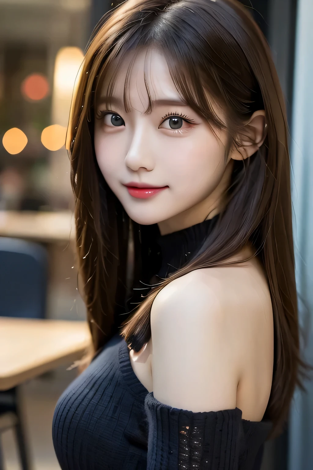 table top, highest quality, shape, Super detailed, finely, High resolution, 8k wallpaper, 完璧なダイナミックな構shape, beautiful and detailed eyes,medium hair,small breasts,natural color lip, bold sexy pose,smile、20 year old girl、cute、sexy shot looking at camera,Random costume latest Tokyo winter clothes)beautiful detailed face,Beautiful detailed double eyelids,small face,perfect and beautiful face,very cute face,Blur background
