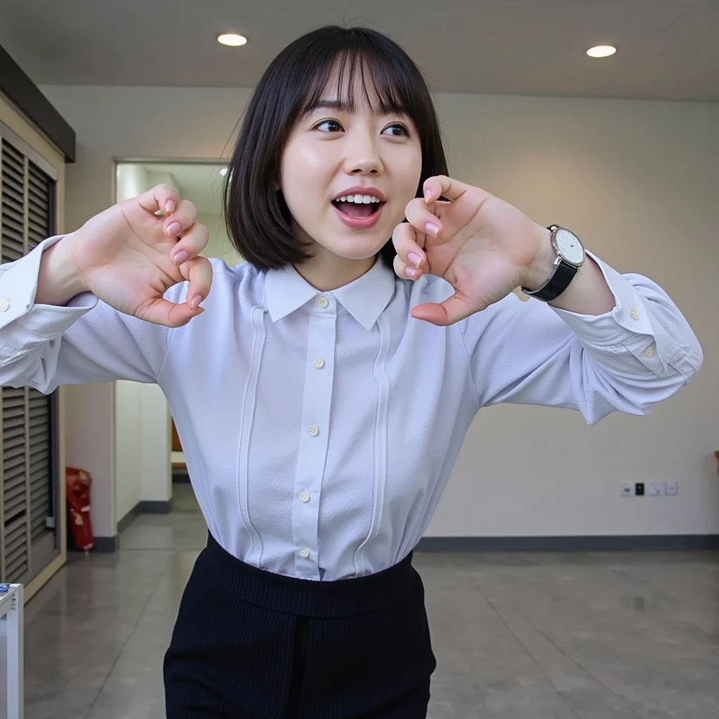 (Beautiful young woman)、(Spreading her legs wide)、revealing her pussy, (Wearing a skirt from below)、short wavy hair, revealing her pussy, Peeping at her pussy and taking photos、Flashing, Reddening、Staring at the camera, on the stage table of a nightlife venue, surrounded by many men, dildo in the pussy, ahegao face, tongue out,