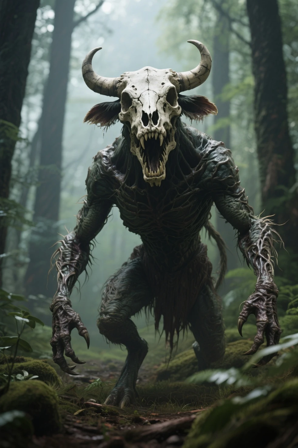 full body portrait of scary black beast, very tall, four legged, scary skull head, bone, skull face, [deer | tiger | wolf | wendigo | bear], hybrid beast with beryl green eyes dark mysterious forest scenery, fantasy, dark fantasy, full body, cinematic, render, 8k, unreal engine, realistic, masterpiece, high detail, full body, low life, volumetric lighting 