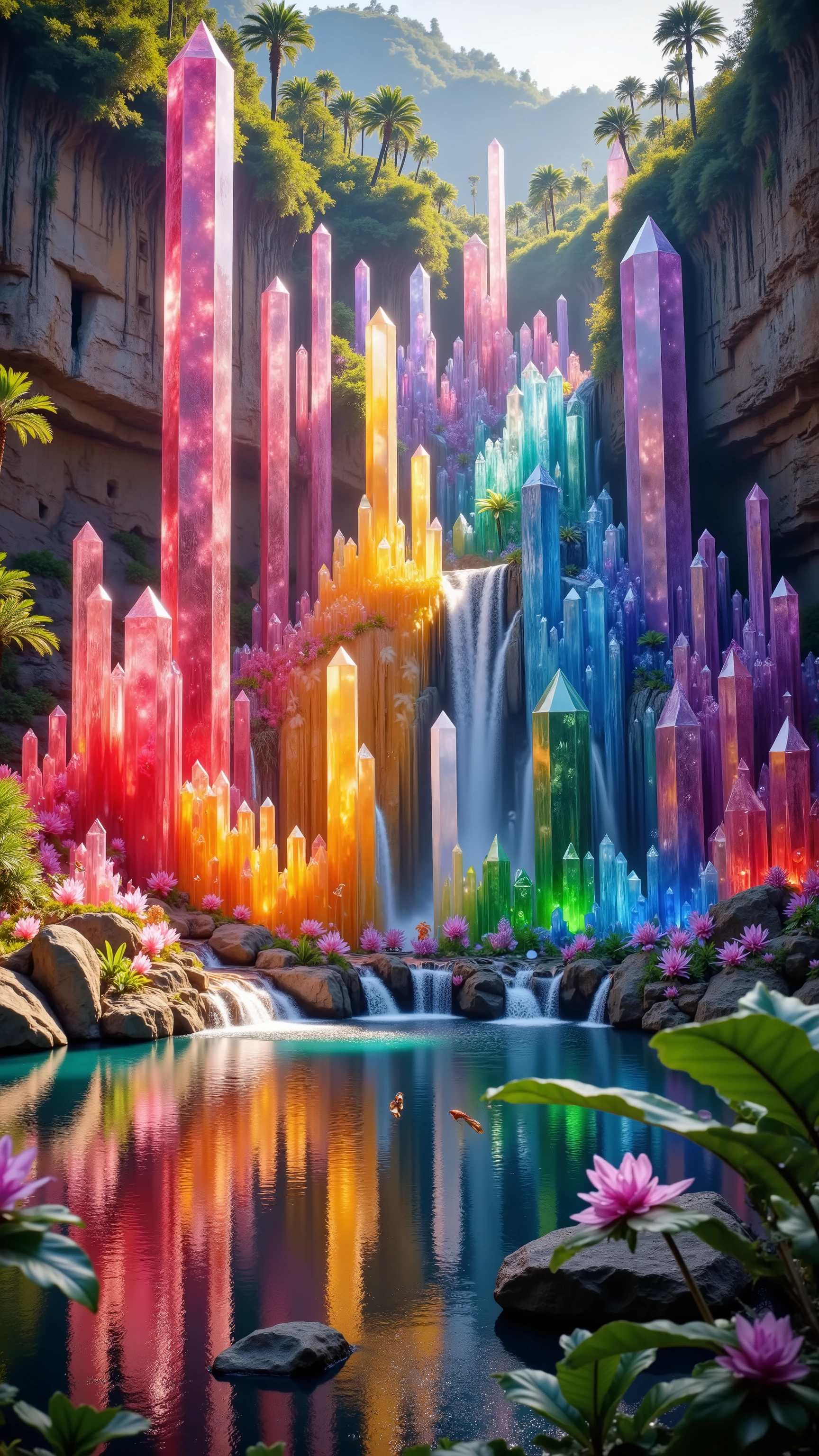 A cliff that is 300 feet tall made up of gigantic quartz crystal points that are multicolored translucent pillars in a tropical rainforest. In the middle of these skyscraper-sized quartz crystals is an incredible gushing cascading waterfall that pours down into a 6-tiered series of waterfalls. They come together and fill up a beautiful lagoon that is lined with smaller quartz crystals 20 to 40 feet tall. In hues of Pink, Red, Orange, Yellow, Green, Blue, and purple, there are hundreds of quartz crystal formations pointing up and out, making up the walls of the inside of the cliff and protruding from the perimeter of the lagoon. Be sure that they are partially translucent and radiate color in the bright full sunlight.  In this full sunlight, we see thousands more partially clear multicolored quartz crystals down in the lagoon. There are hundreds of giant quartz crystals in and on the cliffs, on the inside edges of the lagoon, and around the waterfall.  There are animals and birds everywhere. Giant insects are all over the place, too. Breathtakingly beautiful, stunning, Awe-Inspiring, An Awesome Site! 8K Octane, Action Painting, Cinematic, Cinematography, Conceptual Art, Digital Art, Fujicolor, Ultra-realistic Photorealistic, Portrait Photography, Surrealism, Unreal Engine, shine and gloss on the crystals, Cinematic Lighting, Glowing Light, Reflection Light, God Rays, Perspective: up close, macro photography, ethereal, dream-like atmosphere, Ultra realistic, UHD, Super Detailed, Best Quality,  Award Winning, Masterpiece