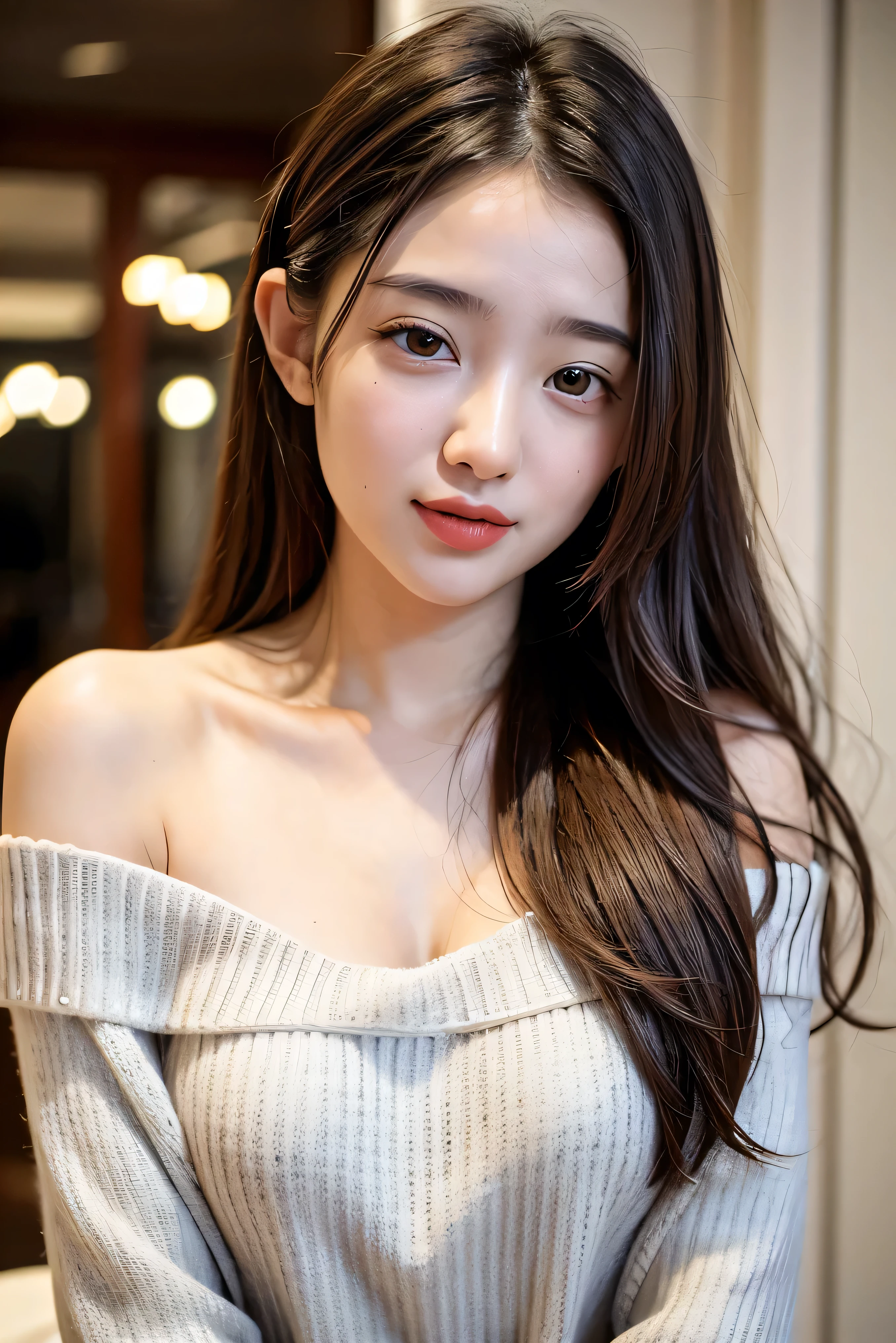 (8k, Top quality, Masterpiece:1.2), (Realistic, photo-realistic:1.37), Super detailed, perfect anatomy, a Japanese, 18 years old, girl, cute, small eyes, half smile, off shoulder,