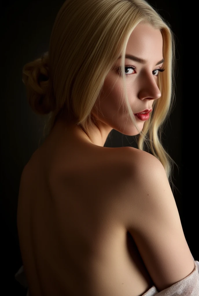  painting of hot woman pretty blonde ,silkback-hairstyle,silk hair, big breast, solo, wearing black , dark mode , serge marshennikov, vincent desiderio, oil painting hyper real, lovely , extremly detailed oil painting, simple background , blur