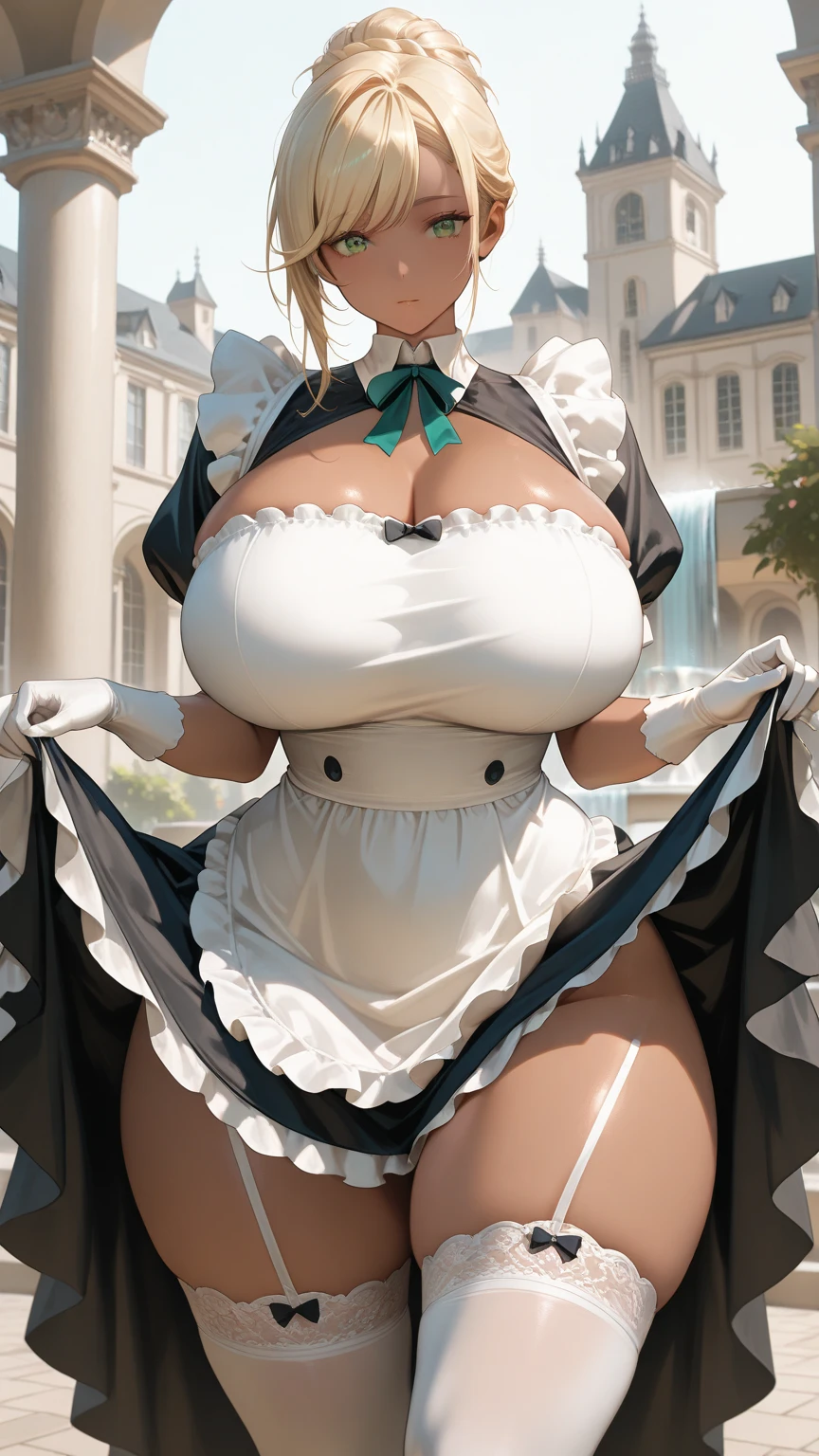 (best quality). (Ultra Detalhado). (1girl), Olhando para o Viewer. (Antecedentes detalhados). belos olhos detalhados. rosto delicado e bonito. (high saturation), seios grandes, droopy breasts, (((sexy maid lingerie))), (((white stockings))), (((long legs))), (((gigantic breasts))), (((oiled breasts)))