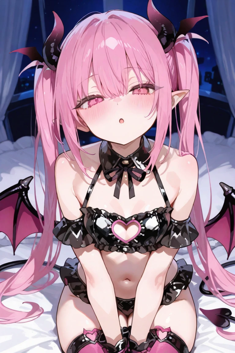 1girl in, Horns, Solo, pointy ear, Long hair, underboob, Red hair, Ahoge, Bare shoulders, Looking at Viewer, full body, Demon Girl, hairband, Smile, Demon Horns, Pink eyes, Curled horns, Hand up, Red Eyes,small breasts,(Shiny skin),(maturefemale),succubus Queen,sit on bed, open leg, Camera angle from bottom,