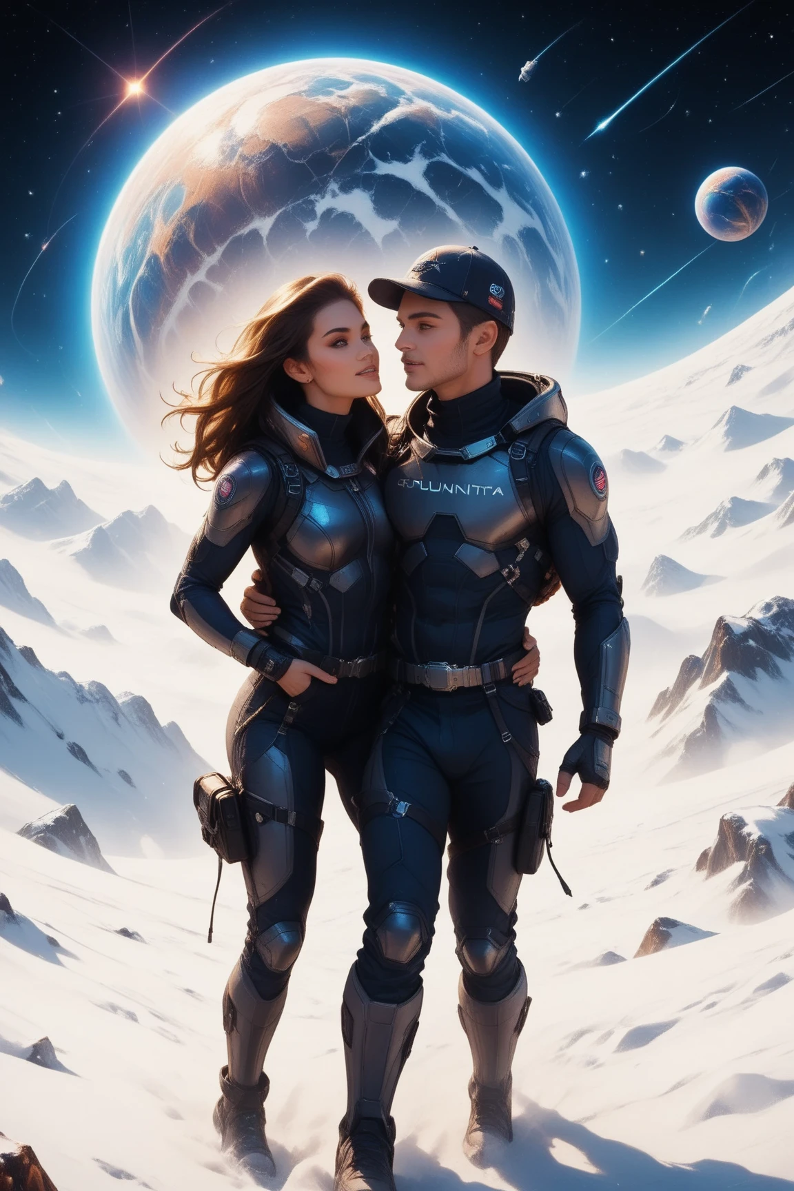 (Muscular:2.5), (thick thighs:1), (large round breasts:1), (large muscular chest and shoulders:1.4), FEMALE, brown hair, long brown hair, (big smile:0), (wearing a tight white spacesuit:1.5), looking at viewer, (three quarter view:1.2), upper body view, (derelict forest at night:1.5), dark lighting, detailed skin, detailed eyes, (dark skin:1.4), (very thin waist:1.2), (huge round muscles:1.5),