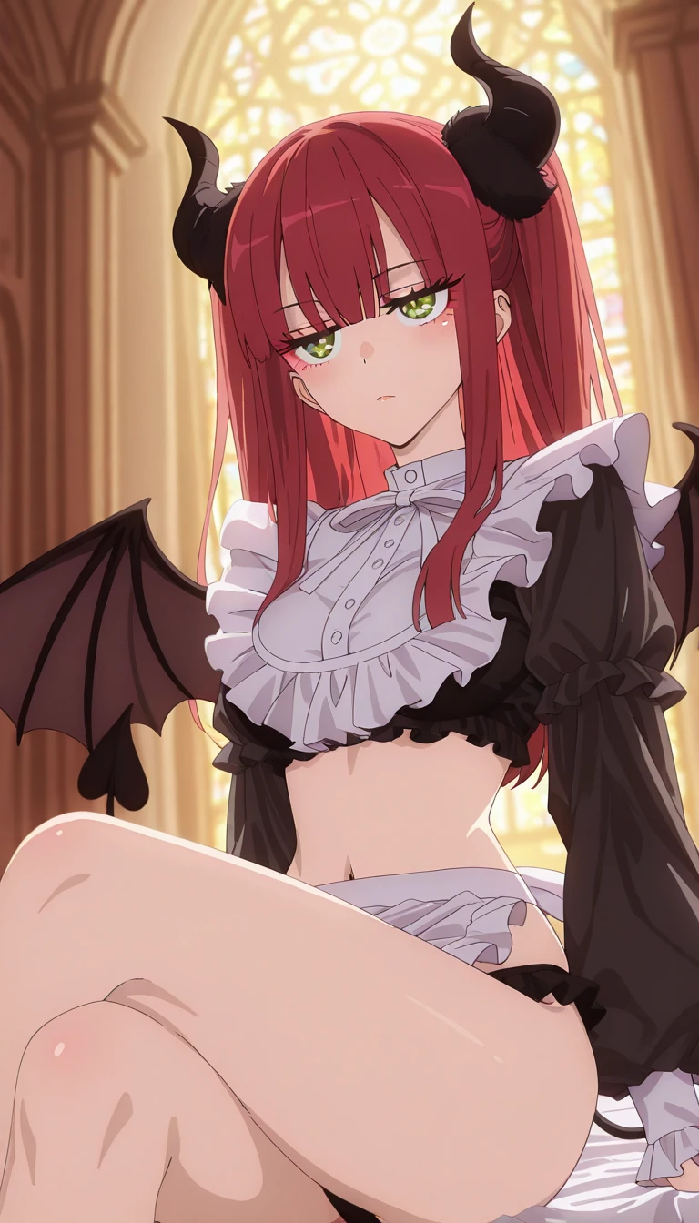 masterpiece, highest quality, High resolution, Kitagawa Marin, 1 girl, redhead, two side up, long hair, green eyes, pointed ears, devil's horns, belly button, devil's tail, devil's wings, crop top, long sleeve, ruffle shirt collar, ruffle panties, sitting, spread your legs, panty shot, indoor