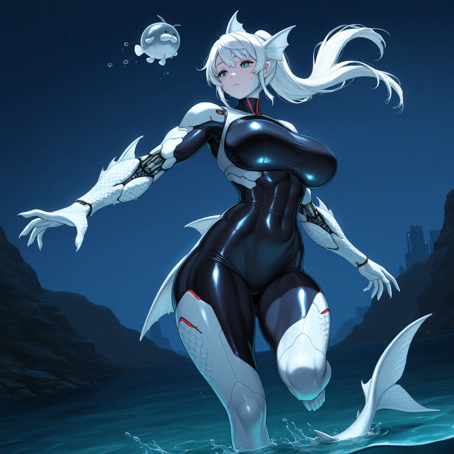 (masterpiece,best quality,ultra-detailed),1girl,beautiful and detailed face, detailed eyes,looking at viewer,small chest, body suit,((squid girl, tentacles)),((grey and blue theme)),cowboy shot, night,fog,beach
