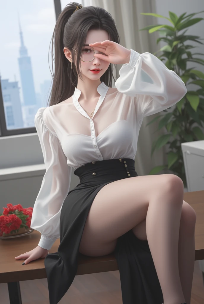 A woman who is,Kneel on your desk,office room,爆乳,ear studs,Butterfly tattoo,Emoji seduction,Only a bra is available on the upper body,Large cleavage,Collar,Dog leash,Masturbation stick,Silver-white hair, office room, Enchanting, cparted lips,Spread your legs,Revealing a masterpiece of transparent lace panties,tmasterpiece,Impeccable,the detail