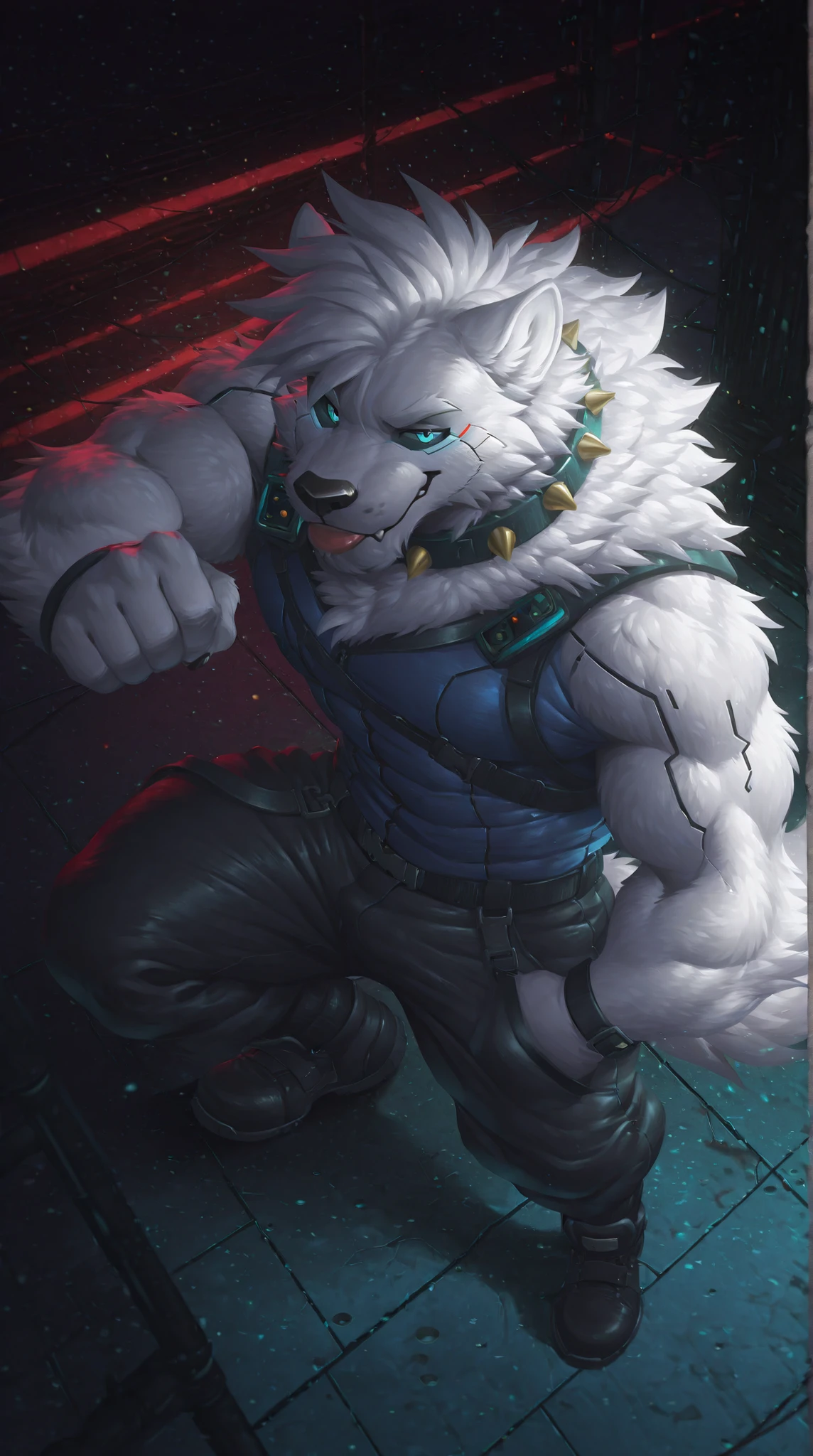 sfw,masterpiece,UHD,solo,anthro,furry,furry male, score_9, score_8_up, score_7_up, rating_safe, source_furry, detailed,((all white fur:1.5)), solo, Perfect sky blue eyes, Spike Collar, (artist:Takemoto Arashi), Mature face, elder, longeyelashes, Wearing actical functional work colthing|Black pants, ((Thin and tall figure)), ((standing on the ground)), fang out, Smile evilly, (Cyberpunk:1.5), oral invitation, local ruffian, rogue, maliciously, There is a high-tech motorcycle next to the character, Look at the audience, stand|bending knees, first-person view, from side, atmospheric perspective, super detail, high details, 8k,athletic build,cg,highres,sfw,r4bb1ty,full body