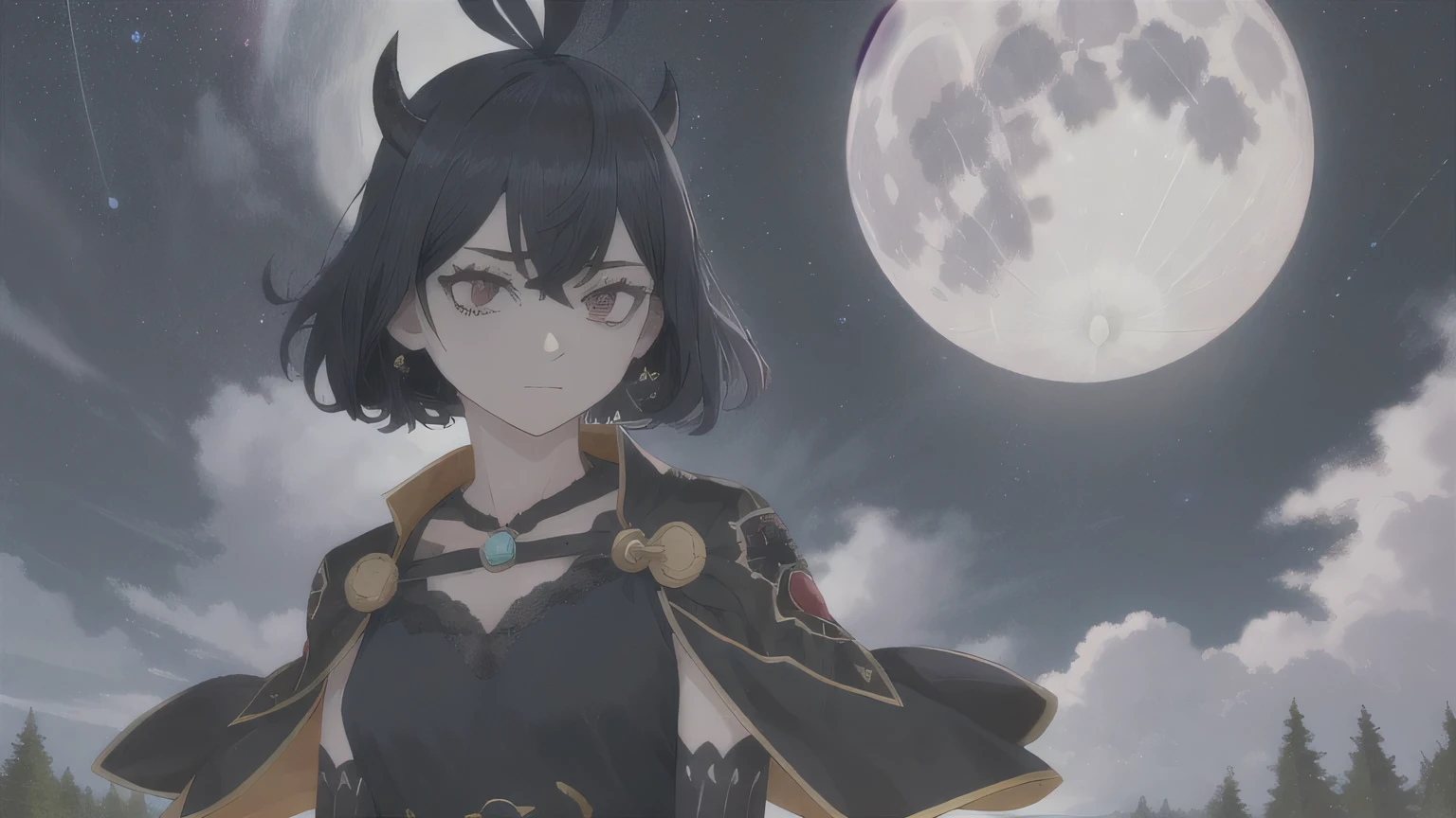 Place the character in the center of the image and lots of black feathers floating around it, dark starry sky background with waxing moon at night with clouds, secret swallowtail, uma garota, only, looking at the viewer, vestido, black vestido, black capa, capa, mangas compridas, boca fechada, collarbone, Expressionless, demon horns, upper body, vento forte, Topo da montanha, grama, tall grama, trees, lago, hands behind the back, HDR, florescer, high resolution, 4K RESOLUTION, cinematographic lighting, Eixos de luz, very detailed eyes, rosto detalhado