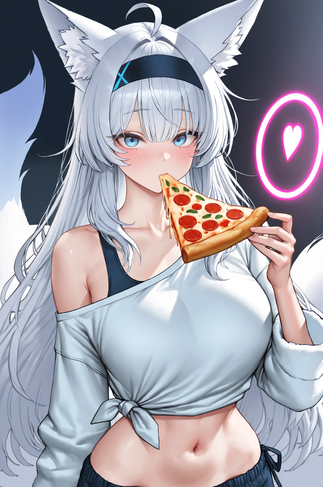 A white sauce pizza girl bear with a happy expression. One ear is covered in cheese, and her head is a large slice of tomato slice and a leaf peeking out from it. SPARKLE; GLITTER