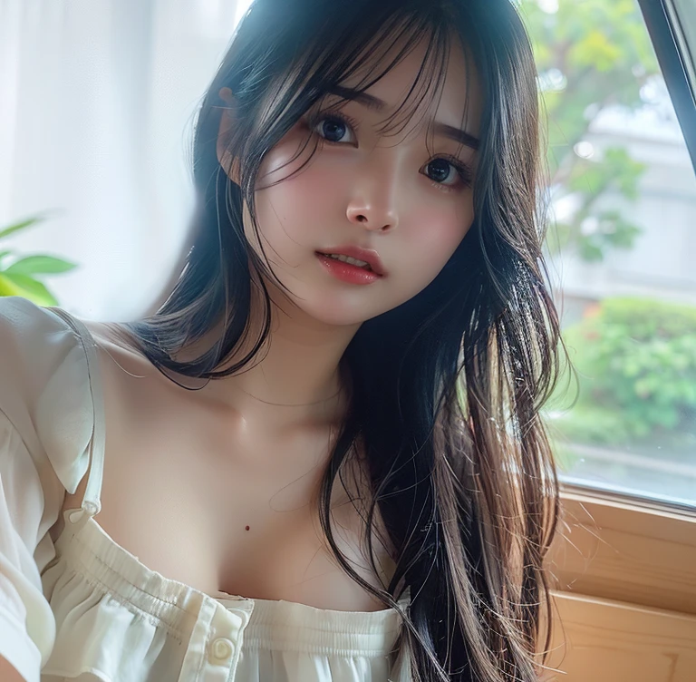 (masterpiece, highest quality:1.2), 8K, official art, RAW photo, incredibly absurd, (whole body, high school uniform:1.4), beautiful girl, 18-year-old、cute face, arch back, white shirt、navy pleated skirt, close, , long sleeve, gardenia, violaces, pool、sit on a chair、looking at the viewer, film grain, chromatic aberration, sharp focus, face light, dynamic lighting, cinematic lighting, detailed eyes and face, background bokeh, (heavy rain、dark sky:1.5)、one girl、blush、look at the viewer、(huge breasts:1.2)、wet hair、shiny hair、wet face、wet skin、wet body、wet costume、flower、hairpin、necklace、earrings、Depth of bounds written、尖ったred mouth、red mouth,clavicle、beautiful fingers、Loosen your tie、cute wet face、Wet clothes that stick to your chest、Wet and see-through clothes、The shirt is transparent and the bra is clearly visible.