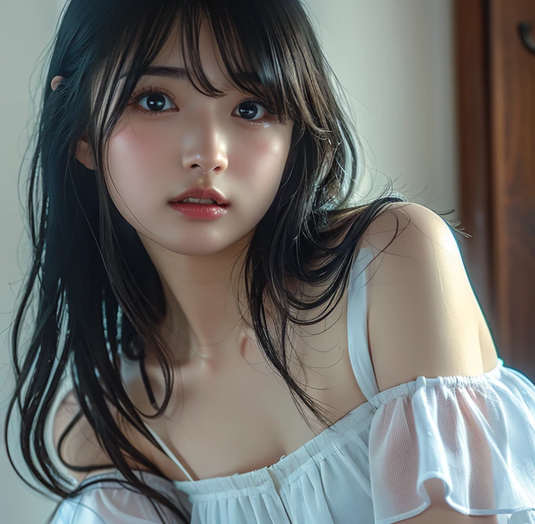 (((smile、Focus on the eyes:1.1、Extremely detailed:1.22、Ultra-high resolution、masterpiece:1.45、Highest quality)))、((((Whole body expression:1.68、camisole、Leaning forward、One person))))、long, straight black hair、So that every single hair is clearly visible、The subtle color changes of hair depending on how the light hits it、 Skin has a natural glow、Fine skin texture、Representing the fine details of pores:1.25、Details of the light redness on the forehead and cheeks、(((Eyes with fine iris details、The eyes depict color gradations and patterns.、Long, natural-looking eyelashes, each and every one visible、Well-groomed eyebrows、眉毛のindivual々The hair is clearly visible、Light reflecting off into the eye、The light in the eyes creates small highlights)))、The nose is delicate、Fine detail on the nostrils、Lips are plump and naturally pink、Depicts the fine lines and soft curves of the lips、lips are shiny and、The gloss on your lips accentuates their shape.、(((Detailed depiction of lip texture、Particular attention to the depiction of light and shadow、Soft natural light gently illuminates the face from the front、A faint glow on the forehead、A slight shine on the nose、A slight glow on the cheeks、Shadows are cast softly along the contours of the face、Accentuate the sides of your cheekbones、Accentuate the sides of the jawline、Emphasize the sides of the nose、The gloss on her lips reflects the light faintly、Lips emphasize the plump texture、The shadow of the hair gives depth and dimension、indivual々The hair shines in the light、